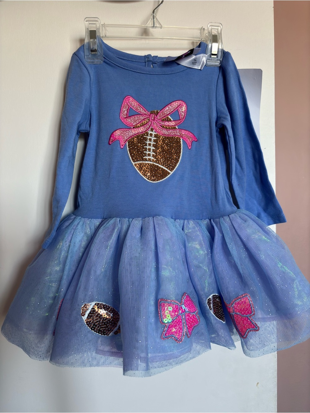 Sz 18 months Blue Girls Sequin Football Bow longsleeve Tulle Dress superbowl